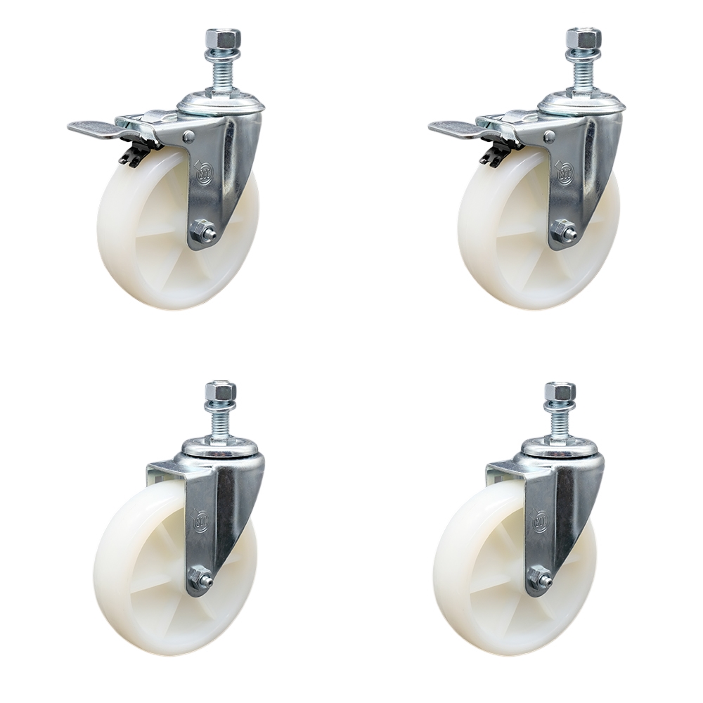 Stainless Steel Nylon Swivel Threaded Stem Caster Set of 4 w/5" x 1.25" White Wheels and 1/2" Stems - Includes 2 with Total Locking Brake - 1200 lbs Total Capacity - Service Caster Brand — photo 1