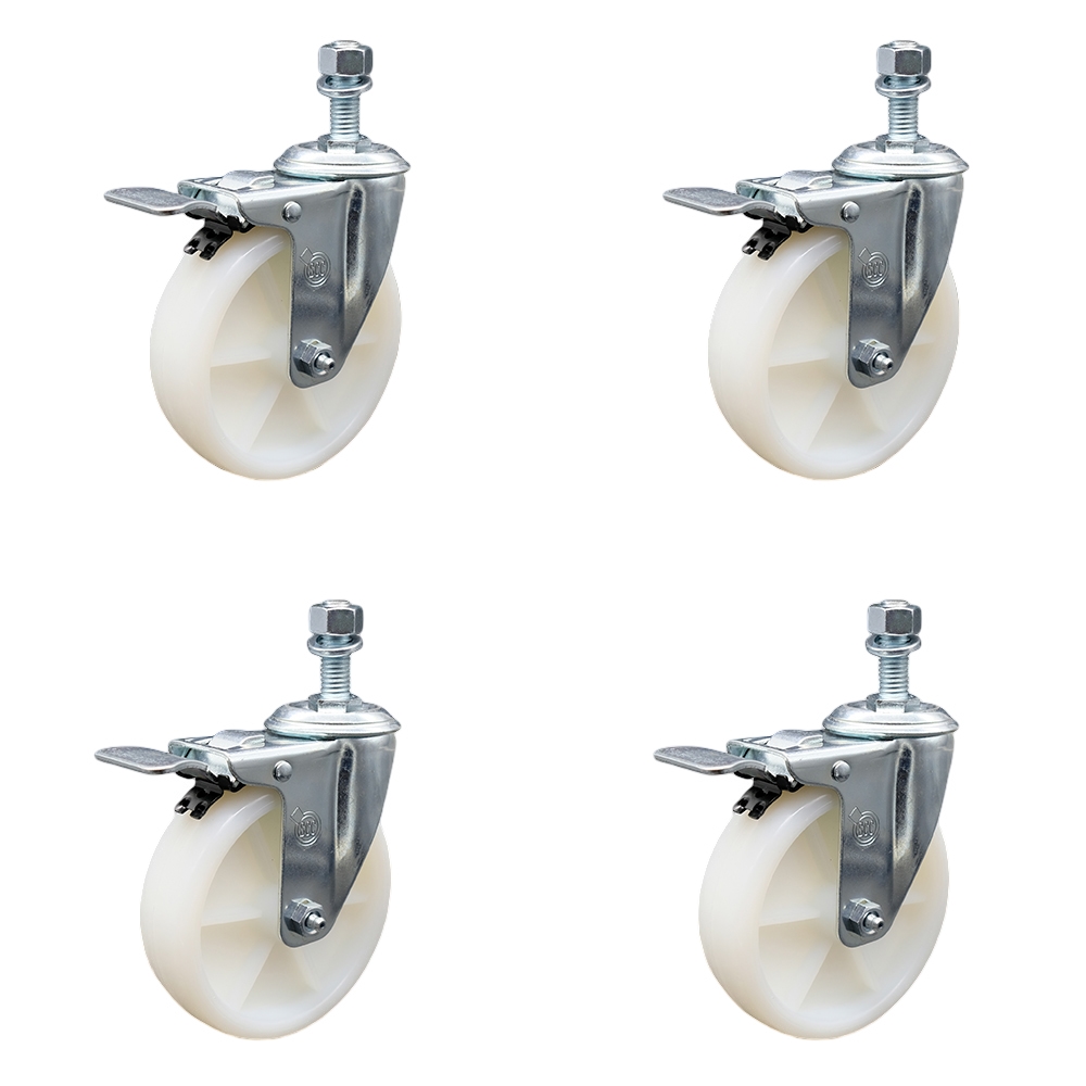Stainless Steel Nylon Swivel Threaded Stem Caster Set of 4 w/5" x 1.25" White Wheels and 1/2" Stems - Includes 4 with Total Lock Brakes - 1200 lbs Total Capacity - Service Caster Brand — photo 1