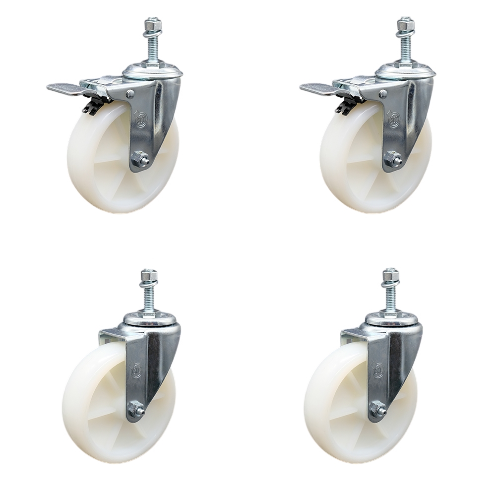 Stainless Steel Nylon Swivel Threaded Stem Caster Set of 4 w/5" x 1.25" White Wheels and 3/8" Stems - Includes 2 with Total Locking Brake - 1200 lbs Total Capacity - Service Caster Brand — photo 1