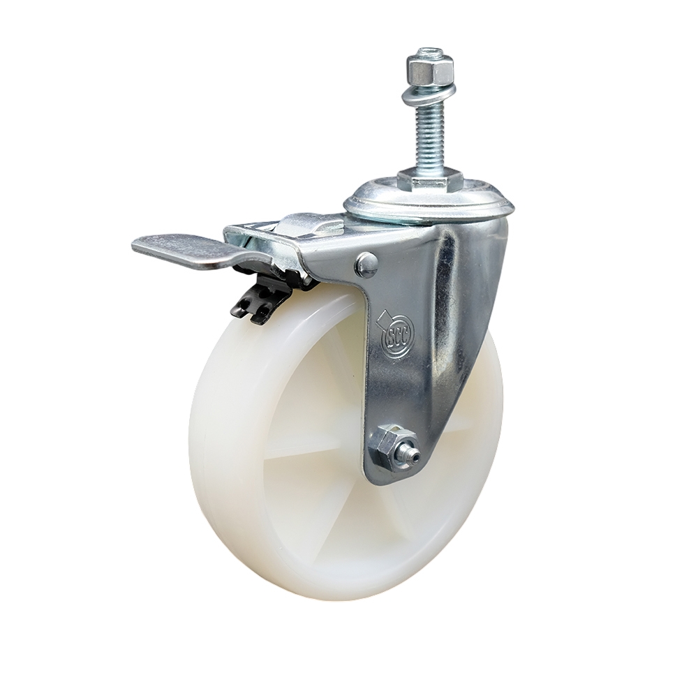 Stainless Steel Nylon Swivel Threaded Stem Caster w/5" x 1.25" White Wheel and 3/8" Stem & Total Locking Brake - 300 lbs Capacity/Caster - Service Caster Brand — photo 1