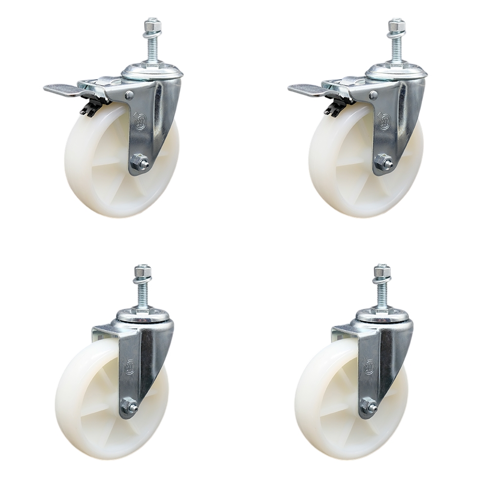 Stainless Steel Nylon Swivel Threaded Stem Caster Set of 4 w/5" x 1.25" White Wheels and 10MM Metric Stems - Includes 2 with Total Locking Brake - 1200 lbs Total Capacity - Service Caster Brand — photo 1