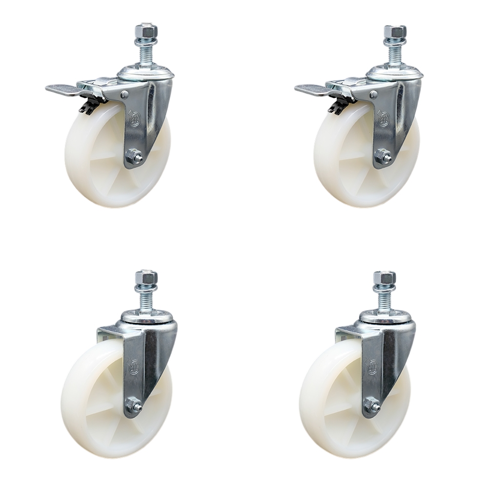 Stainless Steel Nylon Swivel Threaded Stem Caster Set of 4 w/5" x 1.25" White Wheels and 12MM Metric Stems - Includes 2 with Total Locking Brake - 1200 lbs Total Capacity - Service Caster Brand — photo 1
