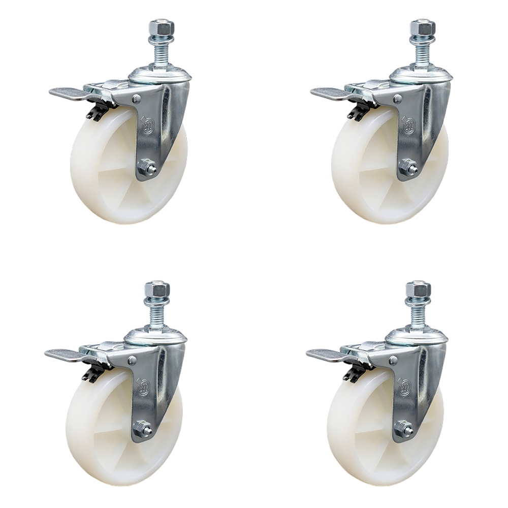 Stainless Steel Nylon Swivel Threaded Stem Caster Set of 4 w/5" x 1.25" White Wheels and 12mm Stems - Includes 4 with Total Lock Brakes - 1200 lbs Total Capacity - Service Caster Brand — photo 1
