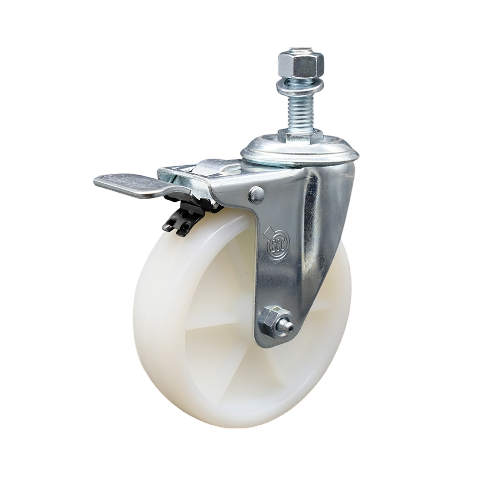 Stainless Steel Nylon Swivel Threaded Stem Caster w/5" x 1.25" White Wheel and 12MM Metric Stem & Total Locking Brake - 300 lbs Capacity/Caster - Service Caster Brand — photo 1