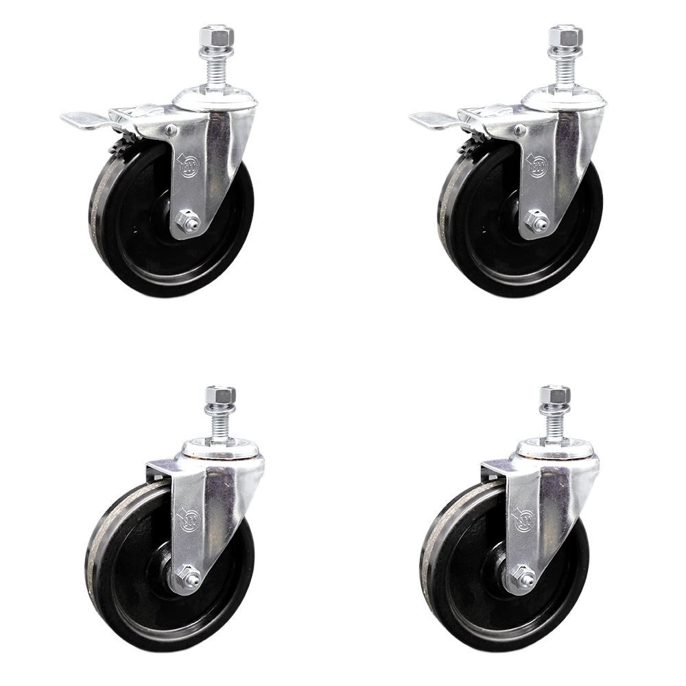 Stainless Steel Phenolic Swivel Threaded Stem Caster Set of 4 w/5" x 1.25" Black Wheels and 1/2" Stems - Includes 2 with Total Locking Brake - 1200 lbs Total Capacity - Service Caster Brand — photo 1