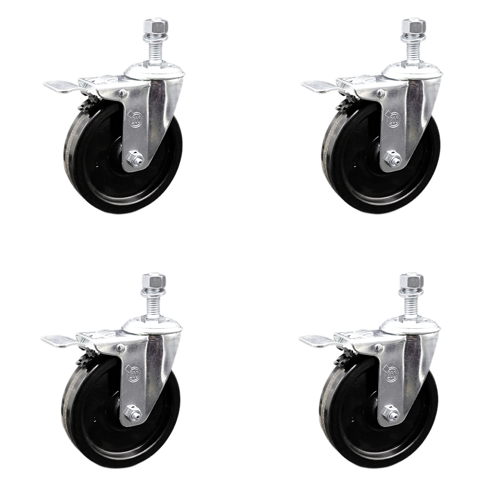 Stainless Steel Phenolic Swivel Threaded Stem Caster Set of 4 w/5" x 1.25" Black Wheels and 1/2" Stems - Includes 4 with Total Lock Brakes - 1200 lbs Total Capacity - Service Caster Brand — photo 1