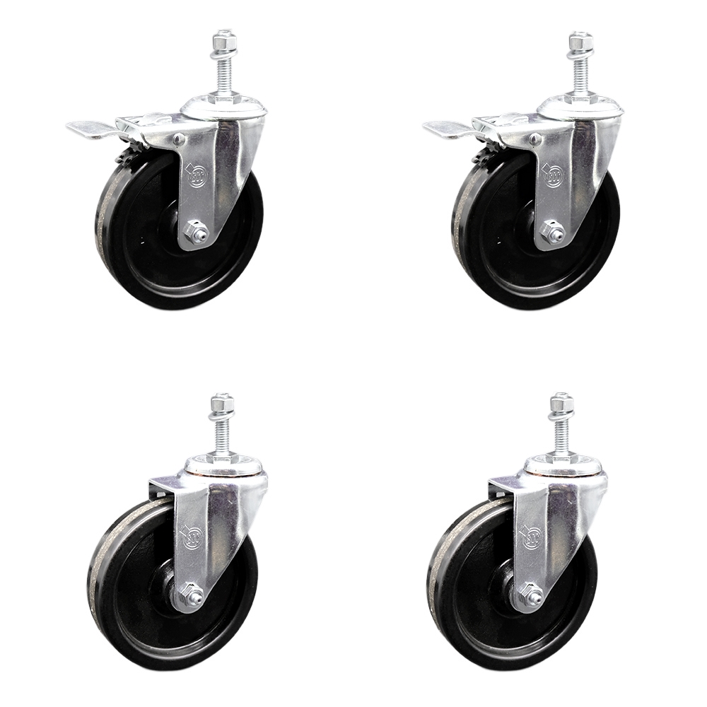 Stainless Steel Phenolic Swivel Threaded Stem Caster Set of 4 w/5" x 1.25" Black Wheels and 3/8" Stems - Includes 2 with Total Locking Brake - 1200 lbs Total Capacity - Service Caster Brand — photo 1