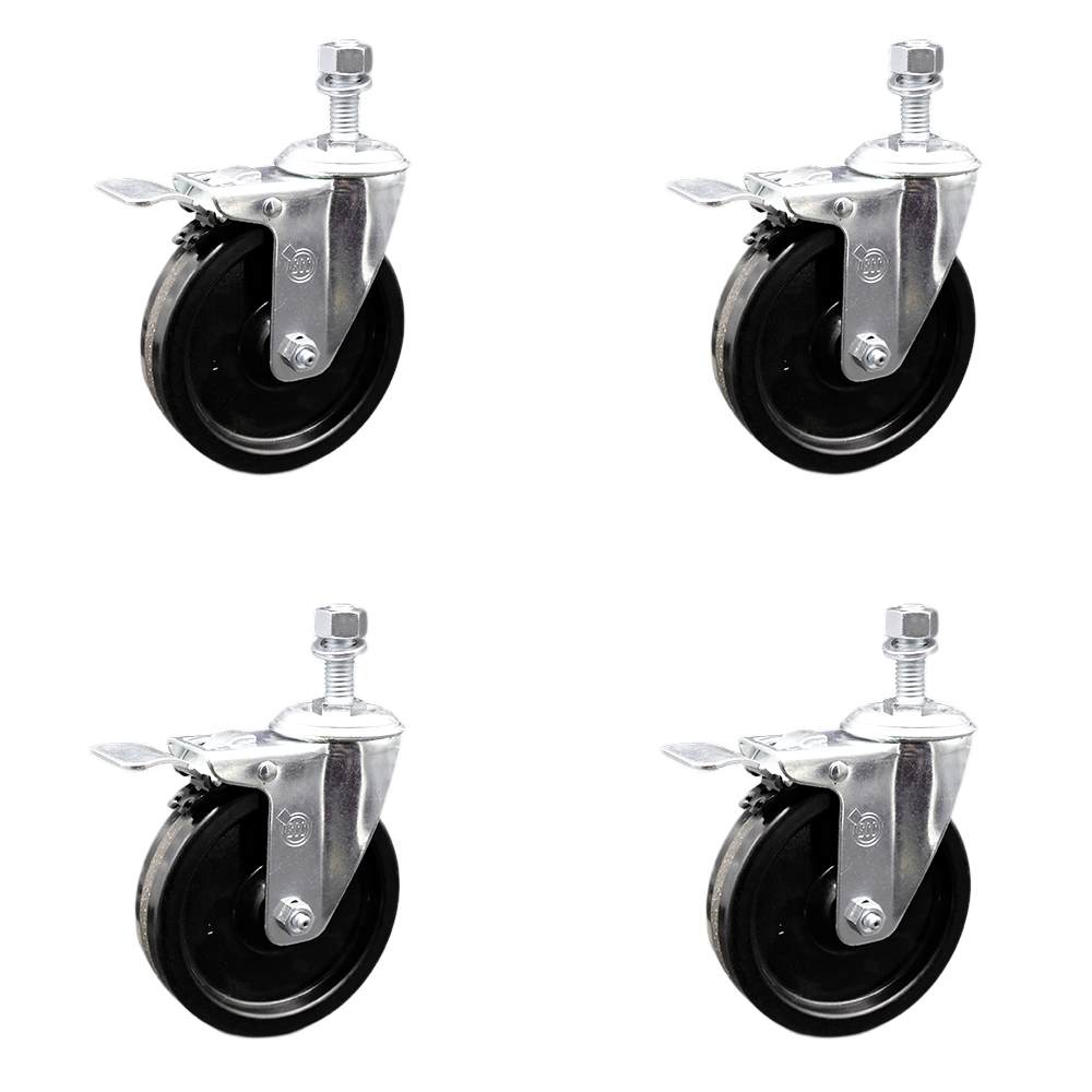 Stainless Steel Phenolic Swivel Threaded Stem Caster Set of 4 w/5" x 1.25" Black Wheels and 3/8" Stems - Includes 4 with Total Lock Brakes - 1200 lbs Total Capacity - Service Caster Brand — photo 1