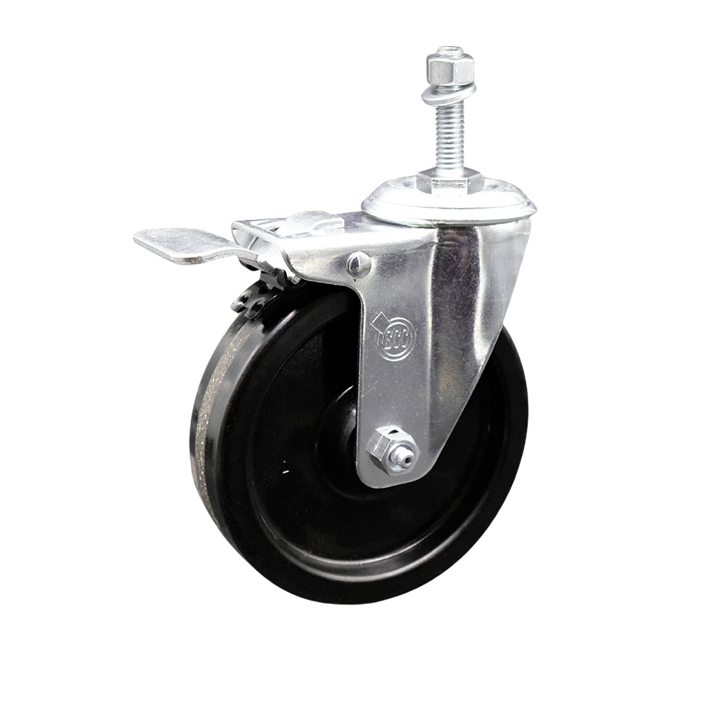 Stainless Steel Phenolic Swivel Threaded Stem Caster w/5" x 1.25" Black Wheel and 3/8" Stem & Total Locking Brake - 300 lbs Capacity/Caster - Service Caster Brand — photo 1