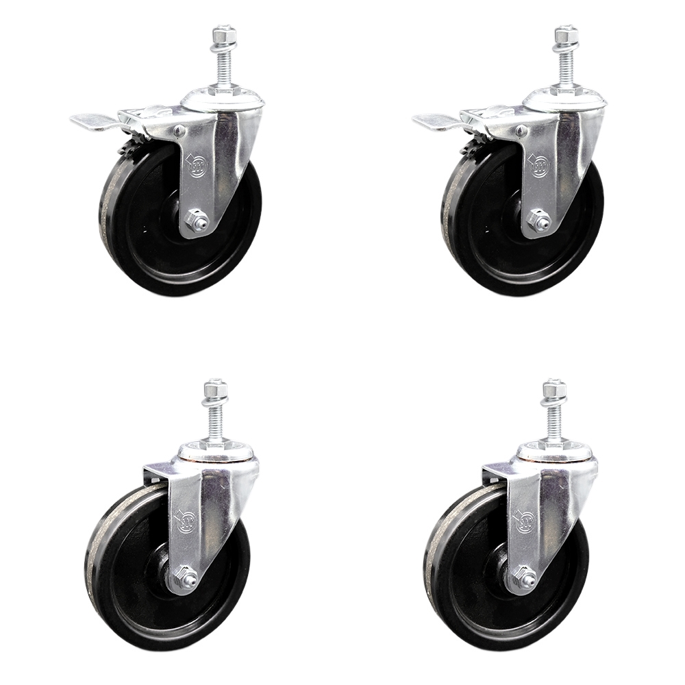 Stainless Steel Phenolic Swivel Threaded Stem Caster Set of 4 w/5" x 1.25" Black Wheels and 10MM Metric Stems - Includes 2 with Total Locking Brake - 1200 lbs Total Capacity - Service Caster Brand — photo 1