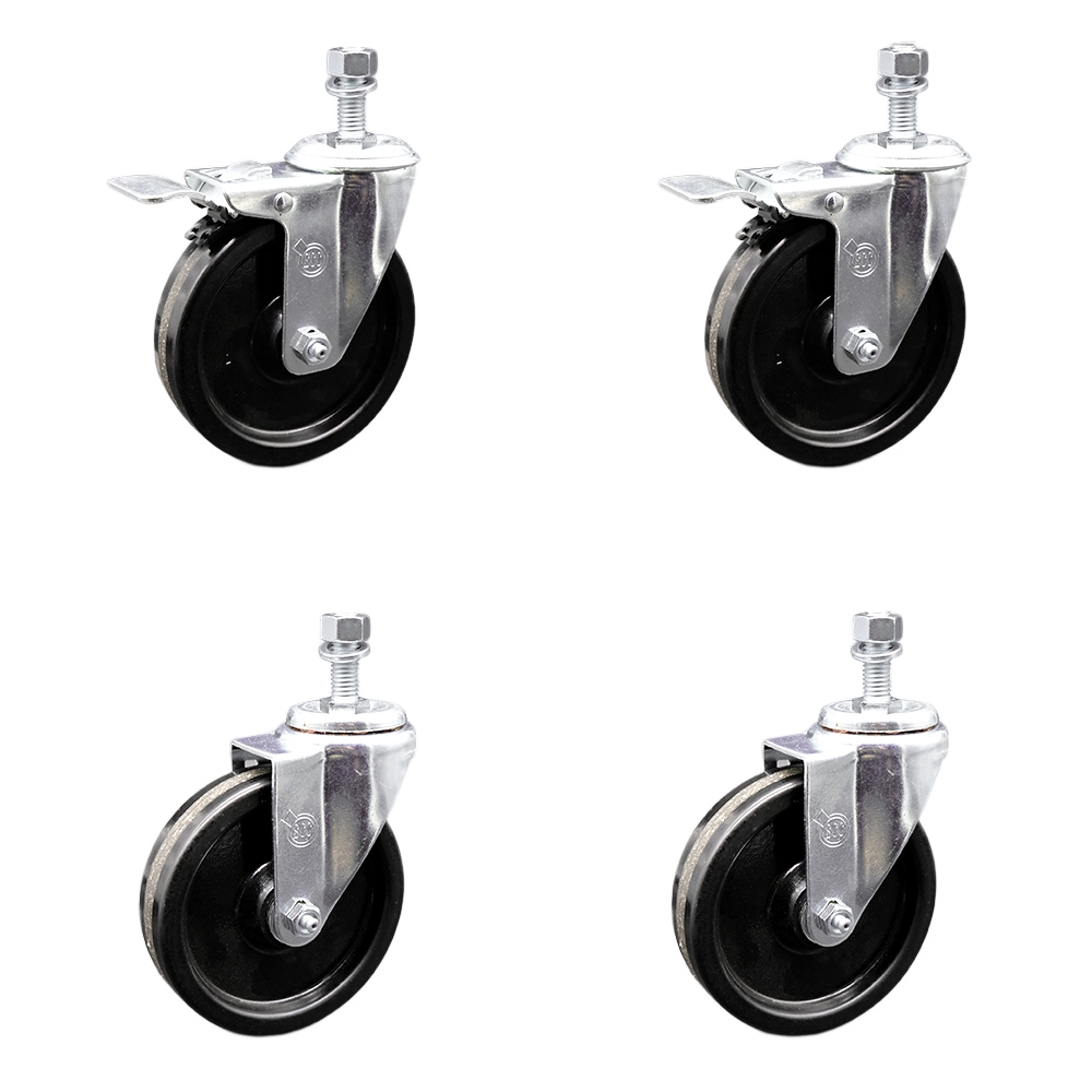 Stainless Steel Phenolic Swivel Threaded Stem Caster Set of 4 w/5" x 1.25" Black Wheels and 12MM Metric Stems - Includes 2 with Total Locking Brake - 1200 lbs Total Capacity - Service Caster Brand — photo 1