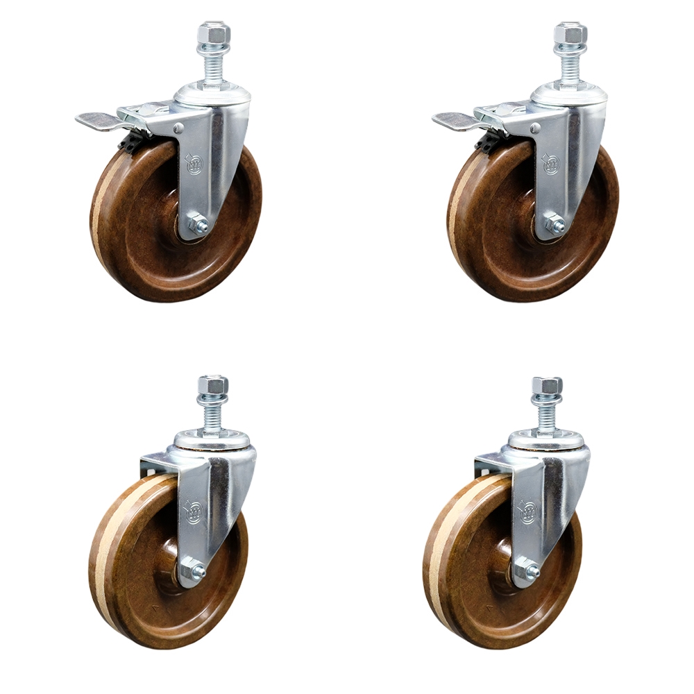 Stainless Steel High Temp Phenolic Swivel Threaded Stem Caster Set 4 w/5" x 1.25" Brown Wheels and 1/2" Stems-Includes 2 with Total Locking Brake-1200 lbs Total Capacity-Service Caster Brand — photo 1