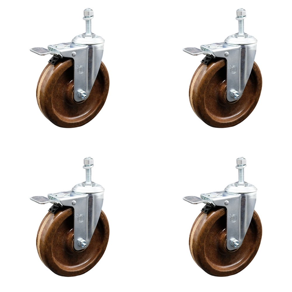 Stainless Steel High Temperature Phenolic Swivel Threaded Stem Caster Set of 4 w/5" x 1.25" Brown Wheels and 3/8" Stems - Includes 4 with Total Lock Brakes-1200 lbs Total Capacity-Service Caster Brand — photo 1