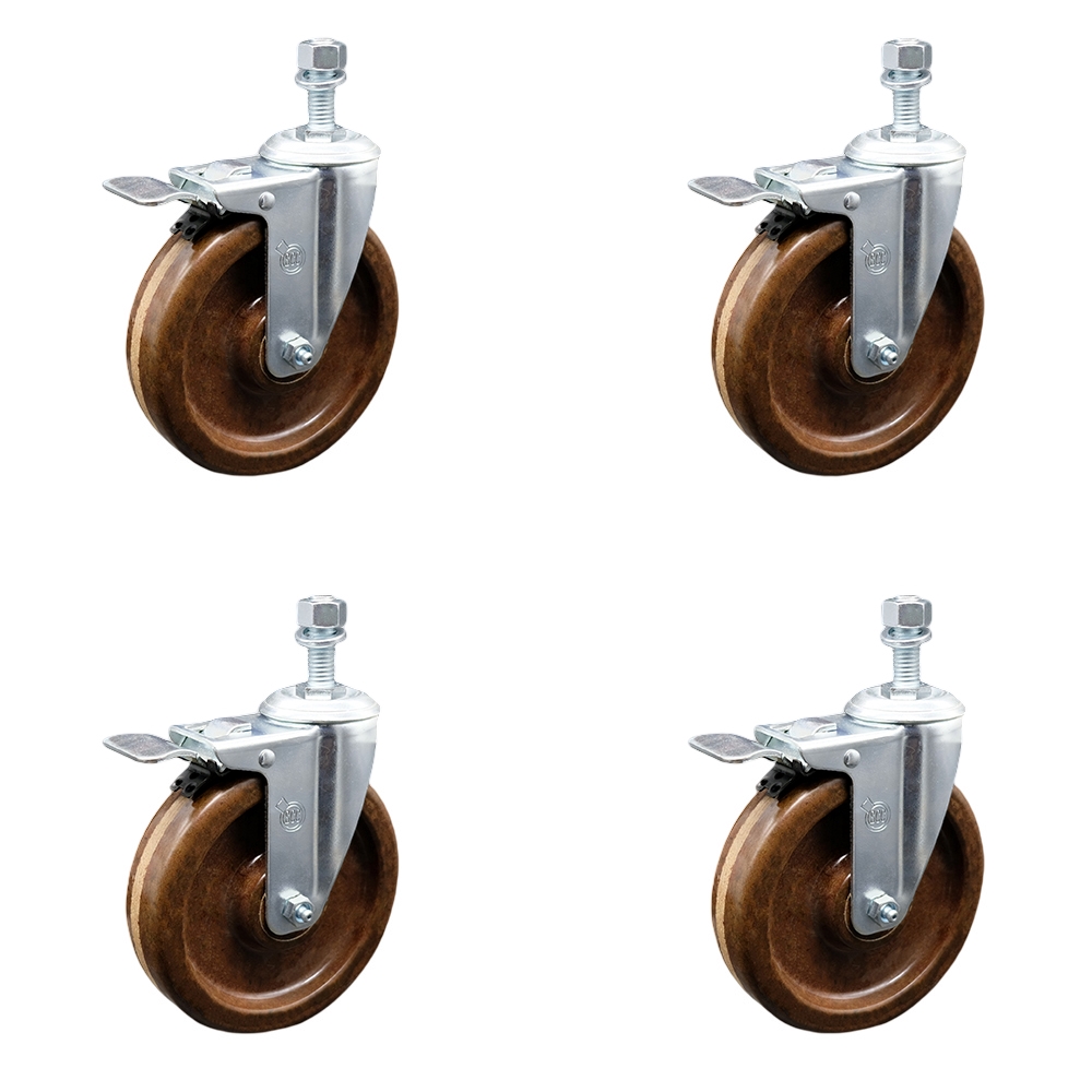 Stainless Steel High Temperature Phenolic Swivel Threaded Stem Caster Set of 4 w/5" x 1.25" Brown Wheels and 12mm Stems - Includes 4 with Total Lock Brakes-1200 lbs Total Capacity-Service Caster Brand — photo 1