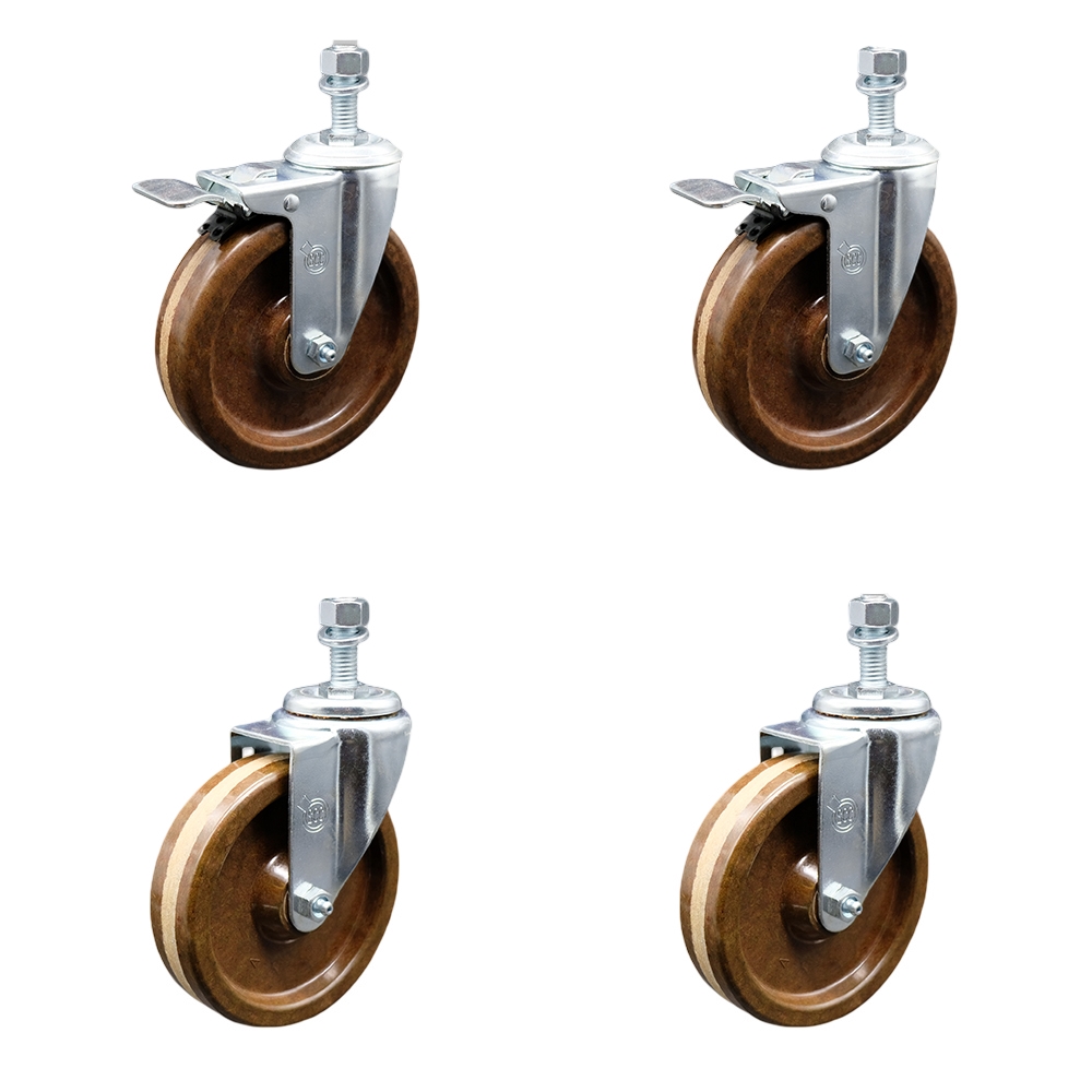 Stainless Steel High Temp Phenolic Swivel Threaded Stem Caster Set 4 w/5" x 1.25" Brown Wheels&12MM Metric Stems-Includes 2 w/Total Locking Brake-1200 lbs Total Capacity-Service Caster Brand — photo 1