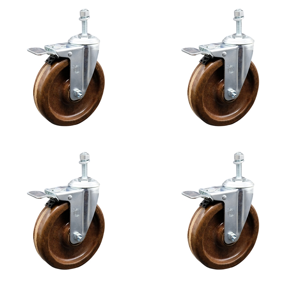 Stainless Steel High Temperature Phenolic Swivel Threaded Stem Caster Set of 4 w/5" x 1.25" Brown Wheels and 10mm Stems - Includes 4 with Total Lock Brakes-1200 lbs Total Capacity-Service Caster Brand — photo 1