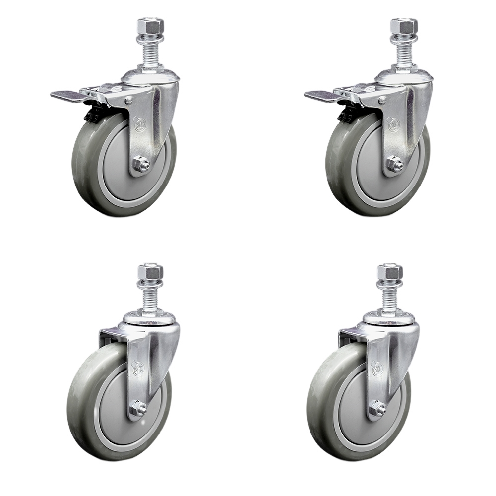 Stainless Steel Polyurethane Swivel Threaded Stem Caster Set of 4 w/5" x 1.25" Gray Wheels and 1/2" Stems - Includes 2 with Total Locking Brake - 1400 lbs Total Capacity - Service Caster Brand — photo 1