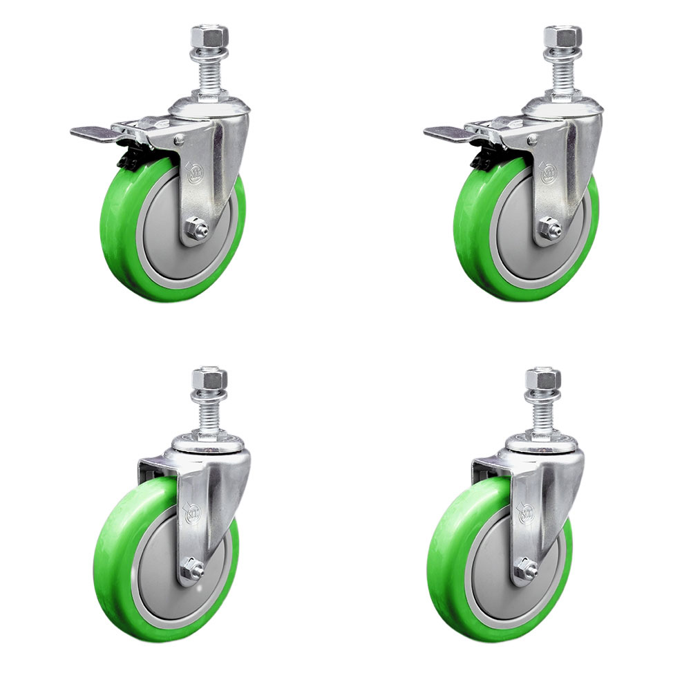 Stainless Steel Polyurethane Swivel Threaded Stem Caster Set of 4 w/5" x 1.25" Green Wheels and 1/2" Stems - Includes 2 with Total Locking Brake - 1400 lbs Total Capacity - Service Caster Brand — photo 1