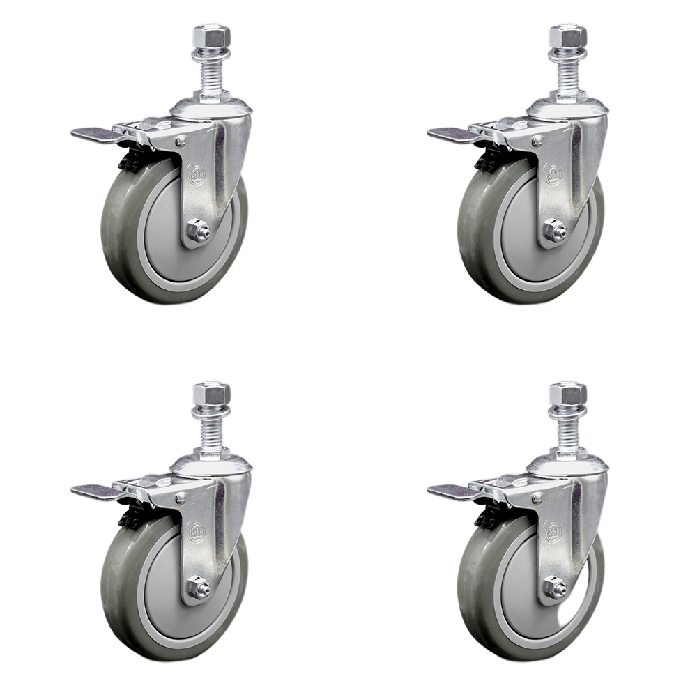 Stainless Steel Polyurethane Swivel Threaded Stem Caster Set of 4 w/5" x 1.25" Gray Wheels and 1/2" Stems - Includes 4 with Total Lock Brakes - 1400 lbs Total Capacity - Service Caster Brand — photo 1