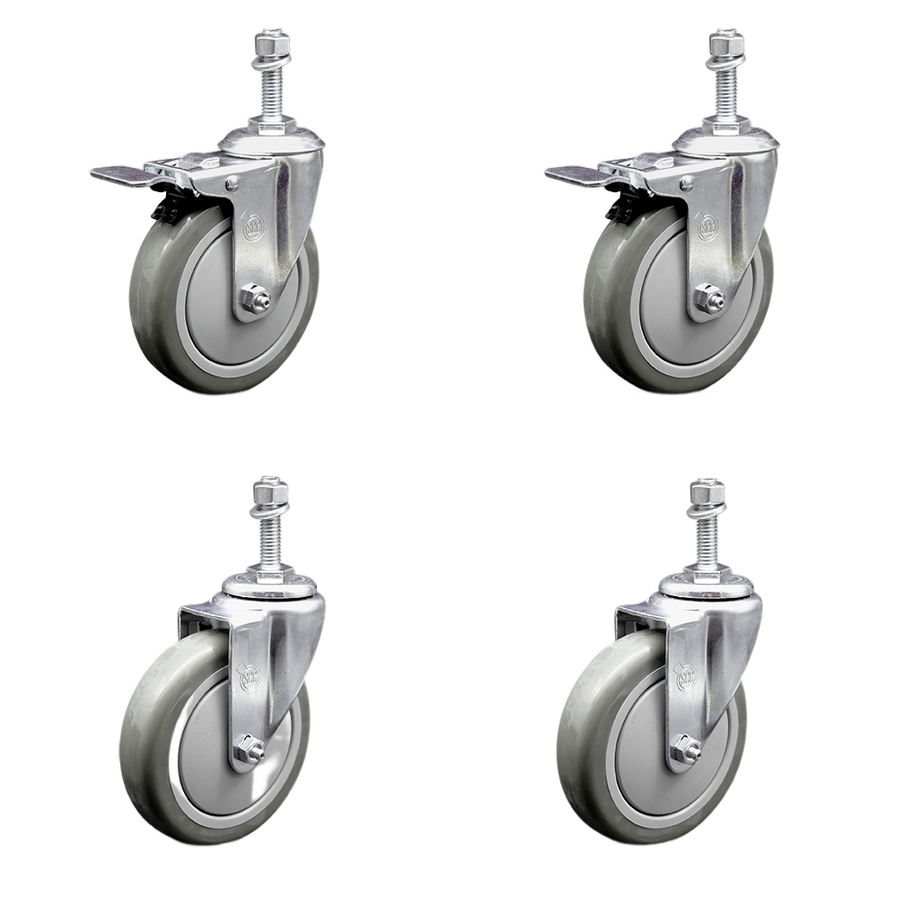 Stainless Steel Polyurethane Swivel Threaded Stem Caster Set of 4 w/5" x 1.25" Gray Wheels and 3/8" Stems - Includes 2 with Total Locking Brake - 1400 lbs Total Capacity - Service Caster Brand — photo 1