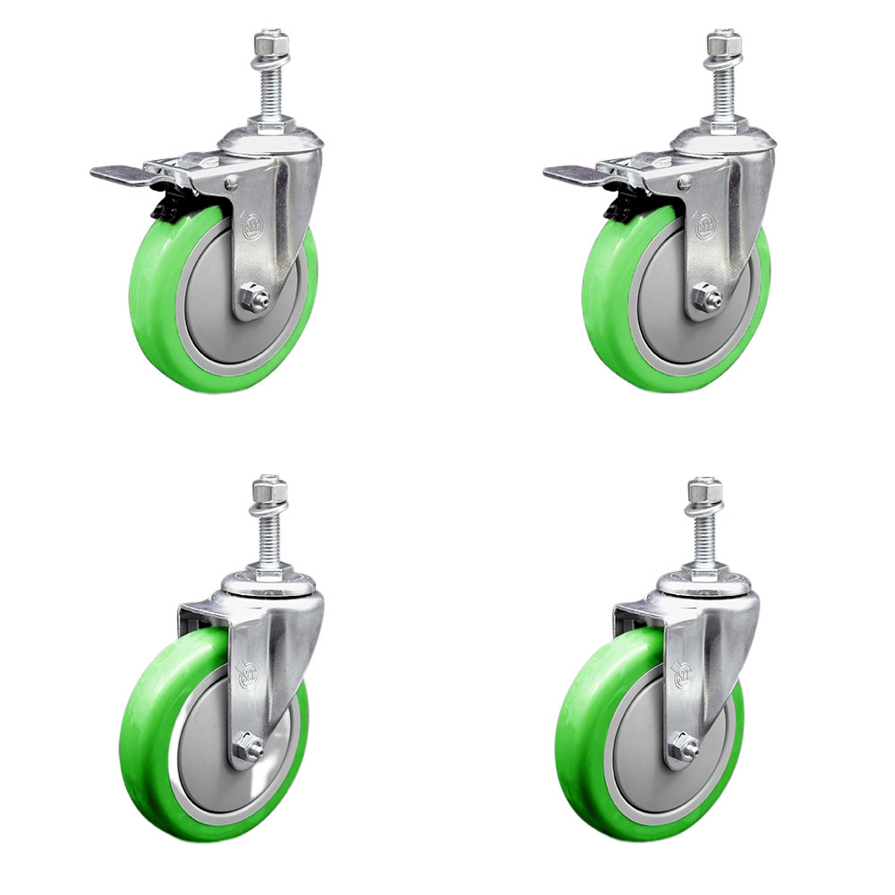 Stainless Steel Polyurethane Swivel Threaded Stem Caster Set of 4 w/5" x 1.25" Green Wheels and 3/8" Stems - Includes 2 with Total Locking Brake - 1400 lbs Total Capacity - Service Caster Brand — photo 1