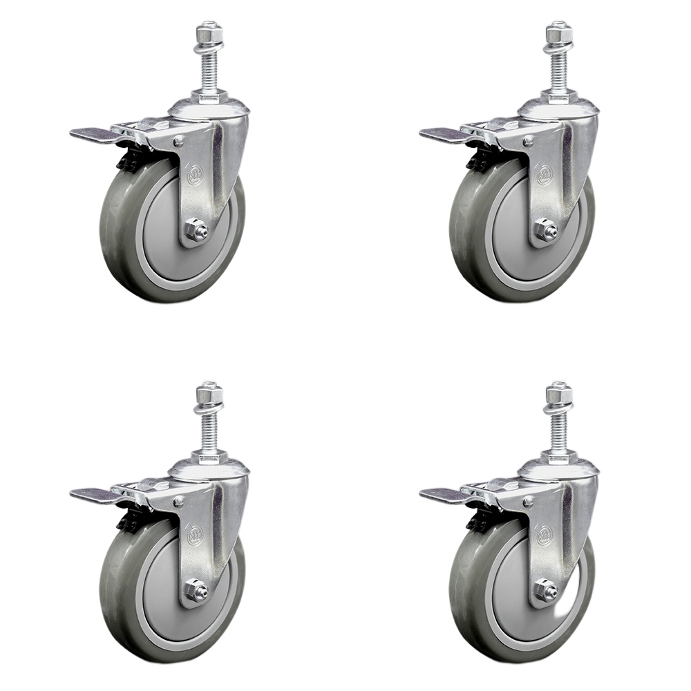 Stainless Steel Polyurethane Swivel Threaded Stem Caster Set of 4 w/5" x 1.25" Gray Wheels and 3/8" Stems - Includes 4 with Total Lock Brakes - 1400 lbs Total Capacity - Service Caster Brand — photo 1