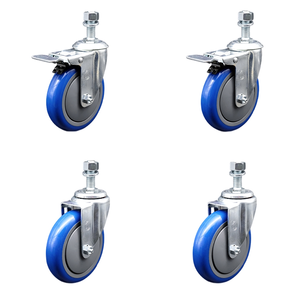 Stainless Steel Polyurethane Swivel Threaded Stem Caster Set of 4 w/5" x 1.25" Blue Wheels and 1/2" Stems - Includes 2 with Total Locking Brake - 1400 lbs Total Capacity - Service Caster Brand — photo 1
