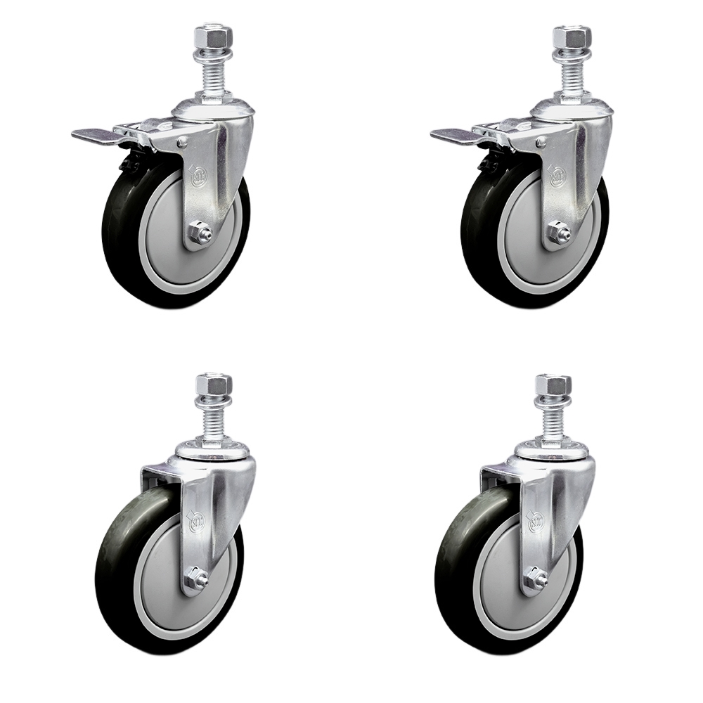 Stainless Steel Polyurethane Swivel Threaded Stem Caster Set of 4 w/5" x 1.25" Black Wheels and 1/2" Stems - Includes 2 with Total Locking Brake - 1400 lbs Total Capacity - Service Caster Brand — photo 1