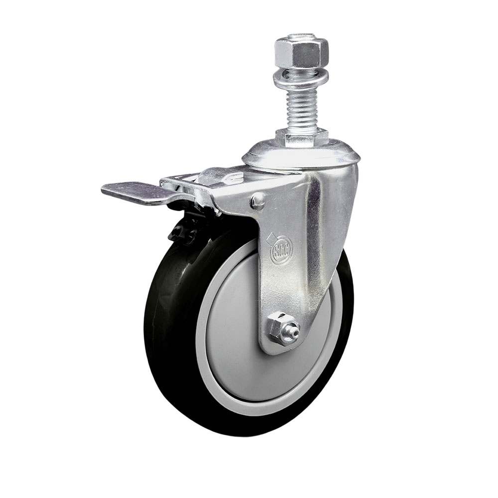 Stainless Steel Polyurethane Swivel Threaded Stem Caster w/5" x 1.25"  Black Wheel and 1/2" Stem & Total Locking Brake - 350 lbs Capacity/Caster - Service Caster Brand — photo 1