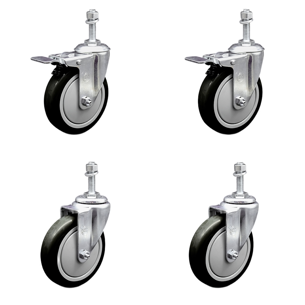 Stainless Steel Polyurethane Swivel Threaded Stem Caster Set of 4 w/5" x 1.25" Black Wheels and 3/8" Stems - Includes 2 with Total Locking Brake - 1400 lbs Total Capacity - Service Caster Brand — photo 1