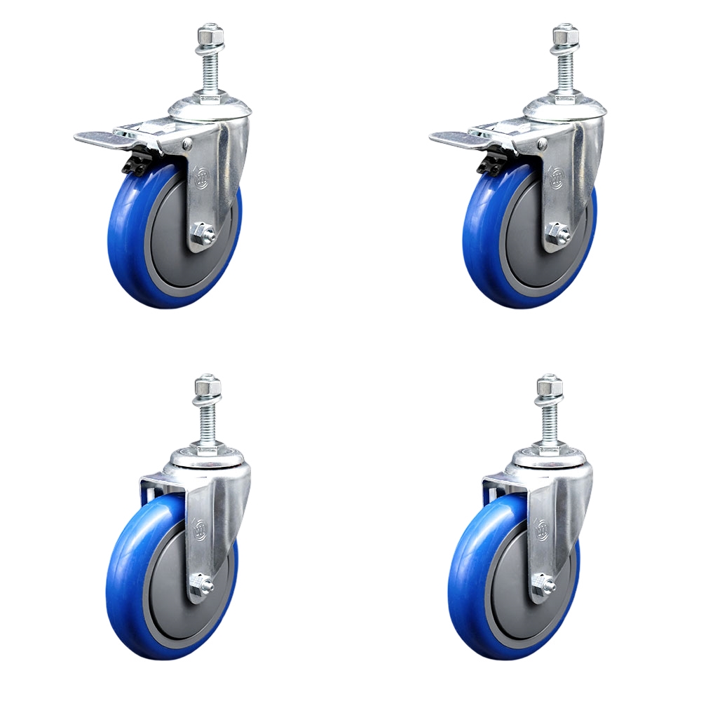 Stainless Steel Polyurethane Swivel Threaded Stem Caster Set of 4 w/5" x 1.25" Blue Wheels and 3/8" Stems - Includes 2 with Total Locking Brake - 1400 lbs Total Capacity - Service Caster Brand — photo 1
