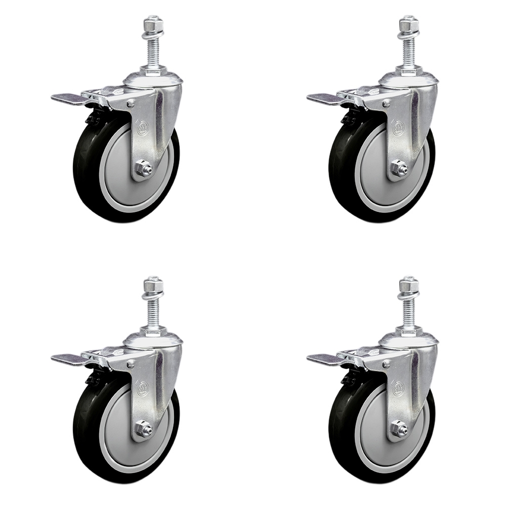 Stainless Steel Polyurethane Swivel Threaded Stem Caster Set of 4 w/5" x 1.25" Black Wheels and 3/8" Stems - Includes 4 with Total Lock Brakes - 1400 lbs Total Capacity - Service Caster Brand — photo 1