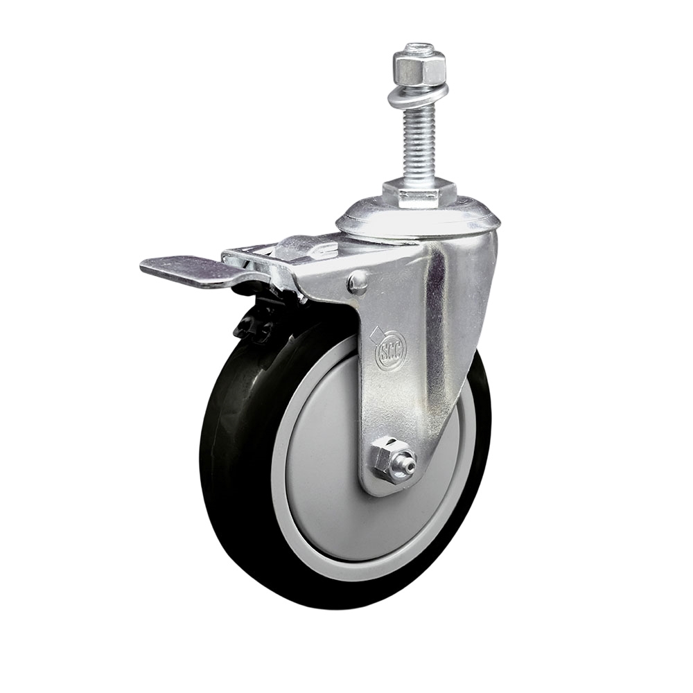 Stainless Steel Polyurethane Swivel Threaded Stem Caster w/5" x 1.25"  Black Wheel and 3/8" Stem & Total Locking Brake - 350 lbs Capacity/Caster - Service Caster Brand — photo 1