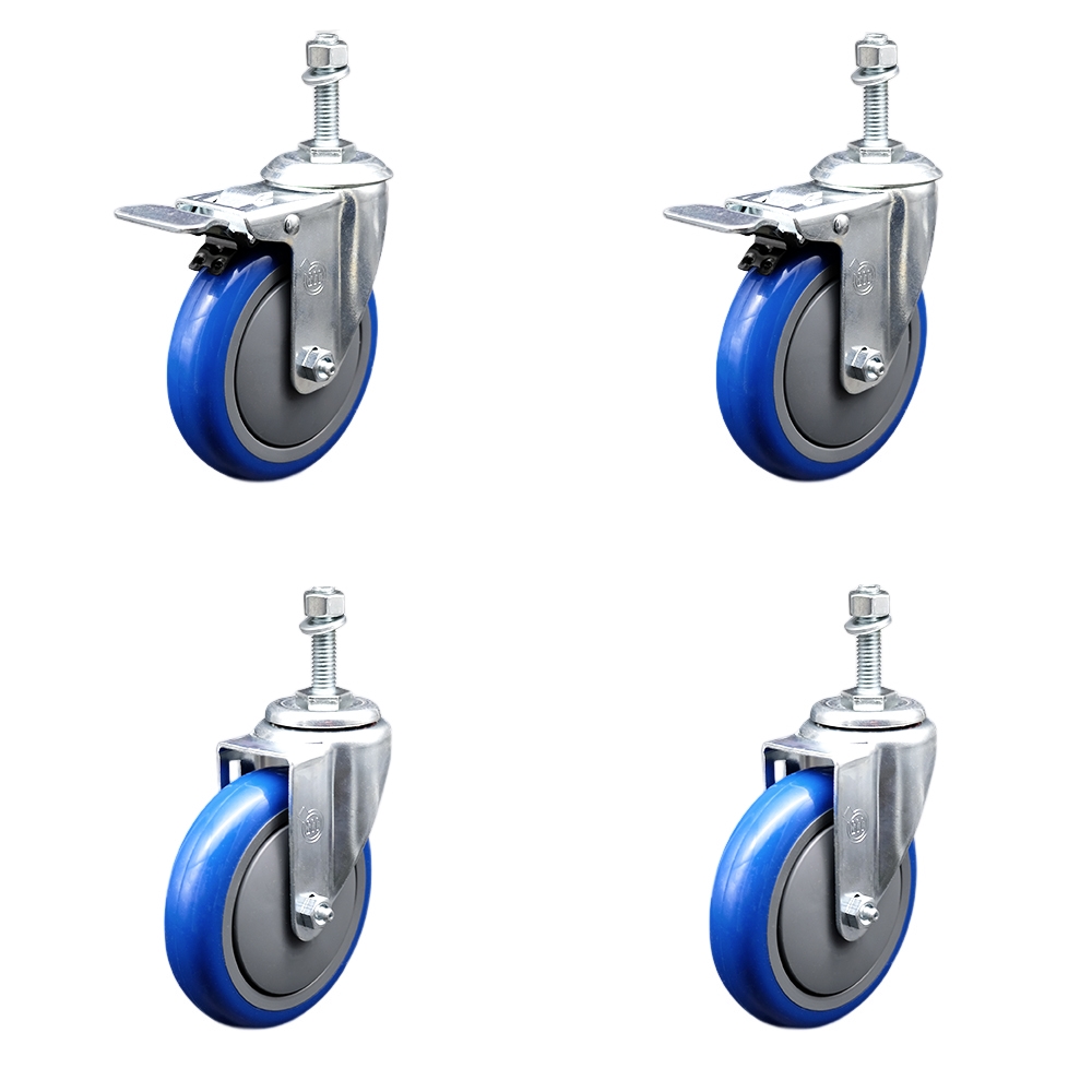 Stainless Steel Polyurethane Swivel Threaded Stem Caster Set of 4 w/5" x 1.25"  Blue Wheels and 10mm Stems - Includes 2 with Total Locking Brake - 1400 lbs Total Capacity - Service Caster Brand — photo 1