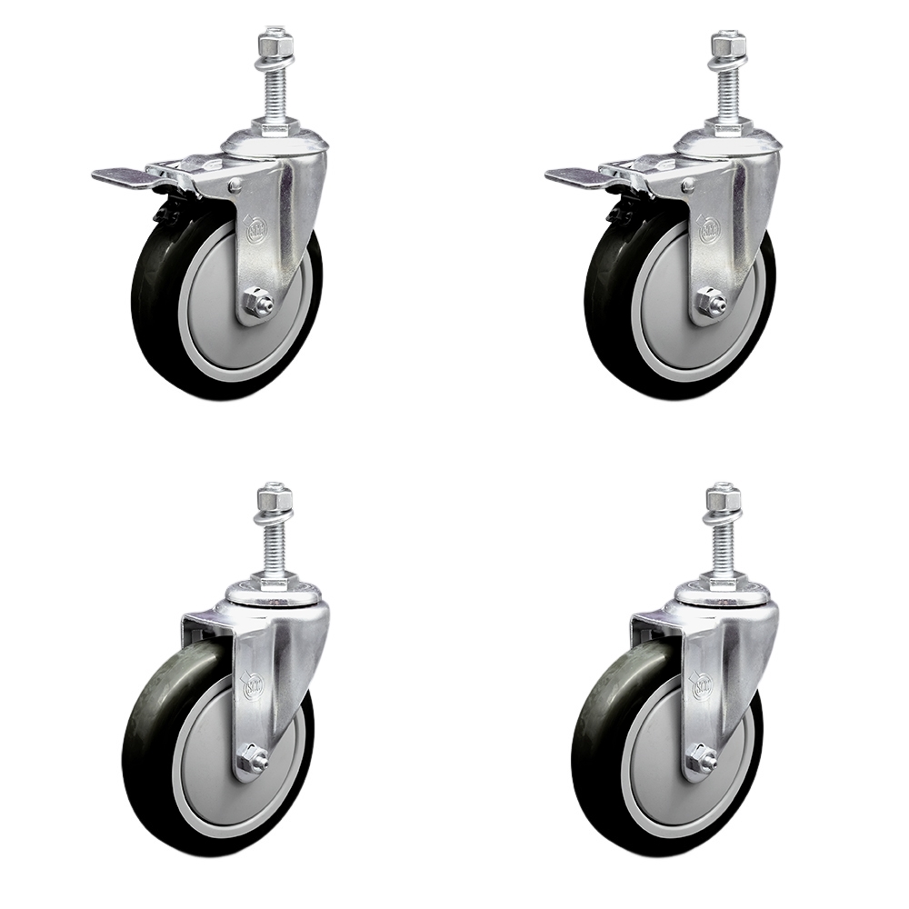 Stainless Steel Polyurethane Swivel Threaded Stem Caster Set of 4 w/5" x 1.25"  Black Wheels and 10mm Stems - Includes 2 with Total Locking Brake - 1400 lbs Total Capacity - Service Caster Brand — photo 1