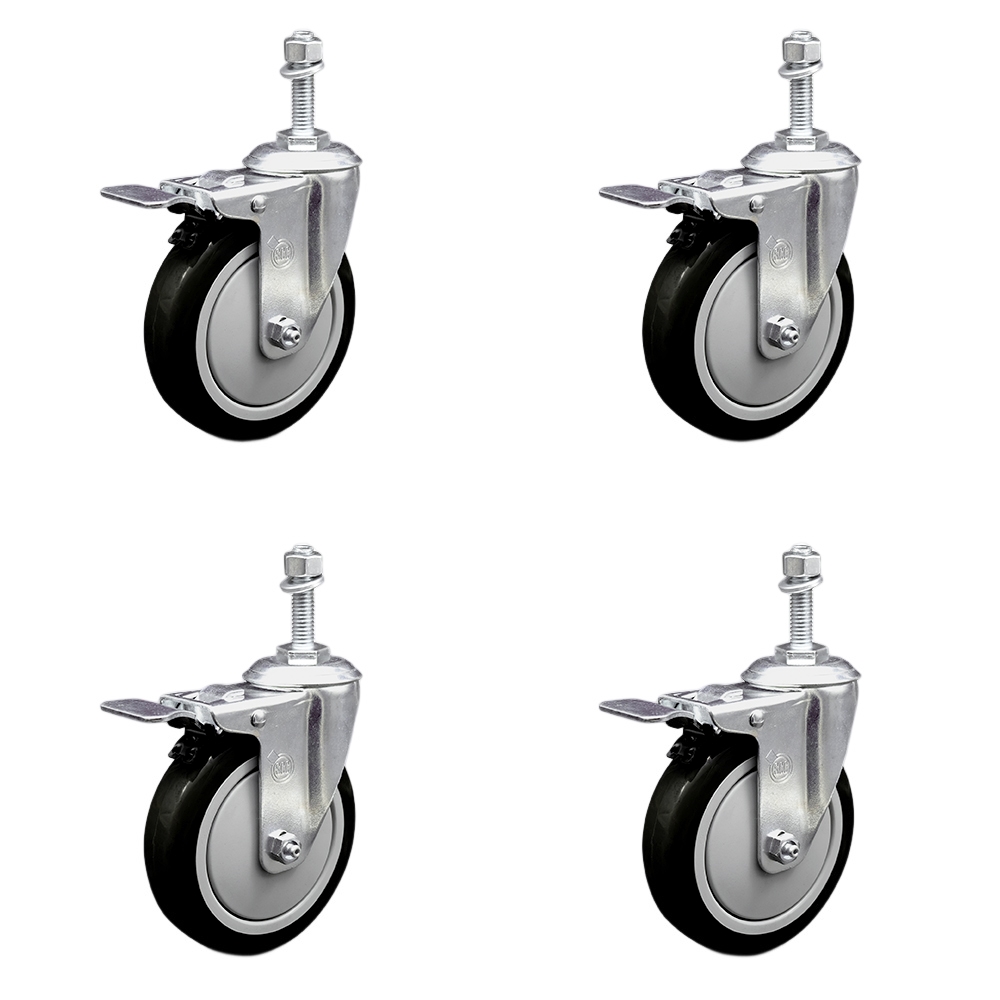 Stainless Steel Polyurethane Swivel Threaded Stem Caster Set of 4 w/5" x 1.25" Black Wheels and 10mm Stems - Includes 4 with Total Lock Brakes - 1400 lbs Total Capacity - Service Caster Brand — photo 1