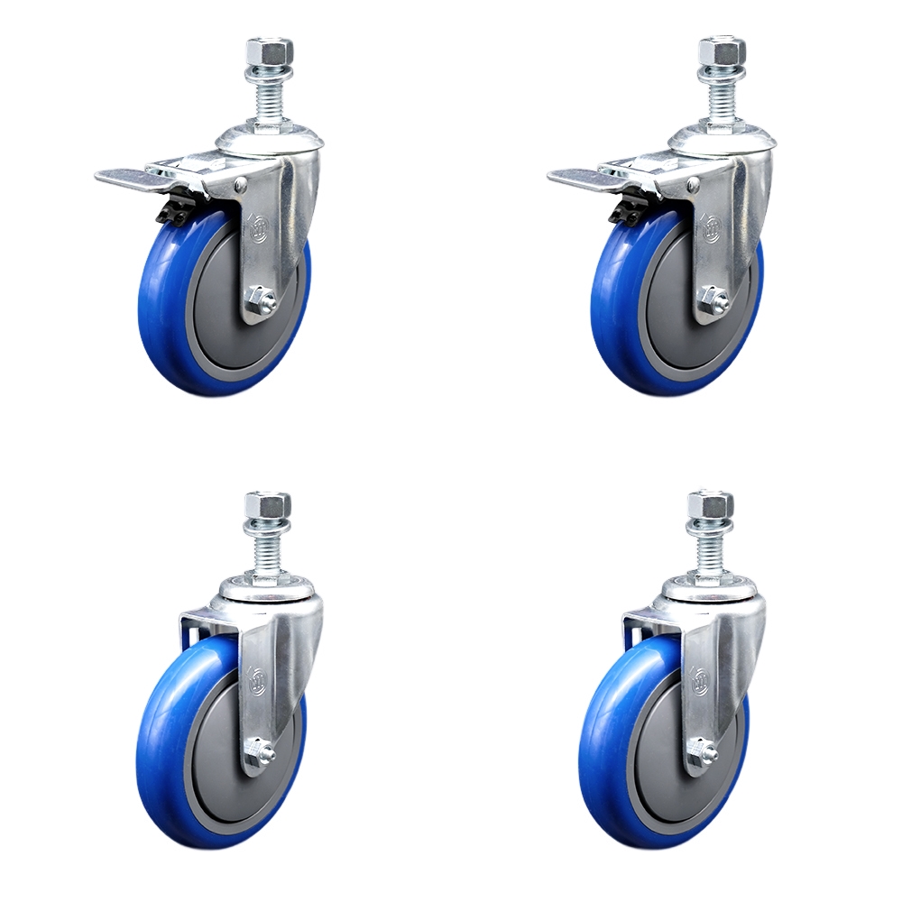 Stainless Steel Polyurethane Swivel Threaded Stem Caster Set of 4 w/5" x 1.25" Blue Wheels and 12mm Stems - Includes 2 with Total Locking Brake - 1400 lbs Total Capacity - Service Caster Brand — photo 1