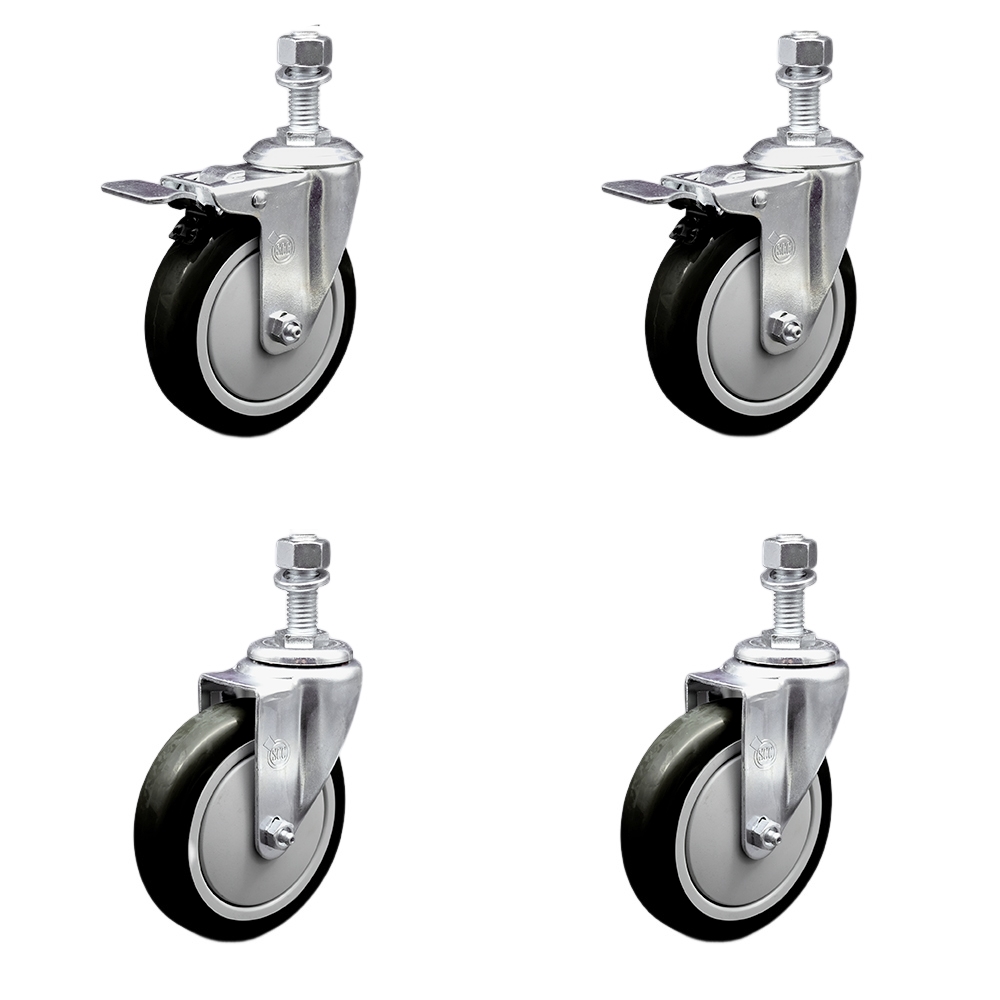Stainless Steel Polyurethane Swivel Threaded Stem Caster Set of 4 w/5" x 1.25"  Black Wheels and 12mm Stems - Includes 2 with Total Locking Brake - 1400 lbs Total Capacity - Service Caster Brand — photo 1