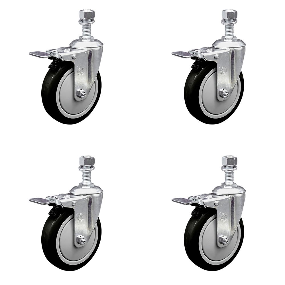 Stainless Steel Polyurethane Swivel Threaded Stem Caster Set of 4 w/5" x 1.25" Black Wheels and 12mm Stems - Includes 4 with Total Lock Brakes - 1400 lbs Total Capacity - Service Caster Brand — photo 1