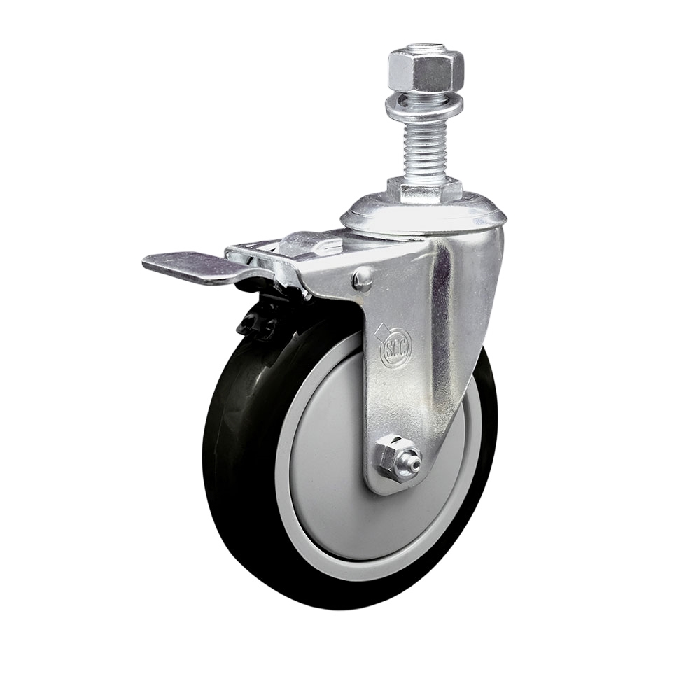 Stainless Steel Polyurethane Swivel Threaded Stem Caster w/5" x 1.25"  Black Wheel and 12mm Stem & Total Locking Brake - 350 lbs Capacity/Caster - Service Caster Brand — photo 1