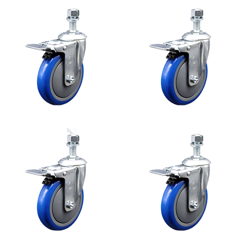 Stainless Steel Polyurethane Swivel Threaded Stem Caster Set of 4 w/5" x 1.25" Blue Wheels and 1/2" Stems - Includes 4 with Total Lock Brakes - 1400 lbs Total Capacity - Service Caster Brand — photo 1