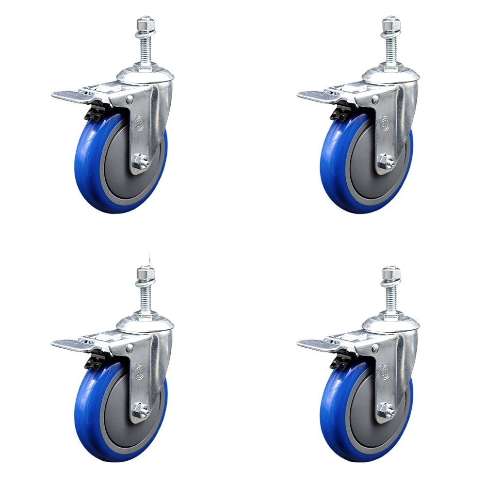 Stainless Steel Polyurethane Swivel Threaded Stem Caster Set of 4 w/5" x 1.25" Blue Wheels and 3/8" Stems - Includes 4 with Total Lock Brakes - 1400 lbs Total Capacity - Service Caster Brand — photo 1