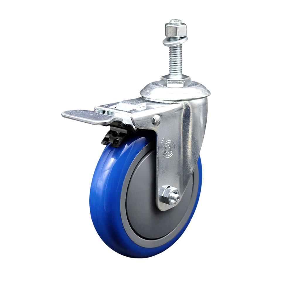 Stainless Steel Polyurethane Swivel Threaded Stem Caster w/5" x 1.25"  Blue Wheel and 3/8" Stem & Total Locking Brake - 350 lbs Capacity/Caster - Service Caster Brand — photo 1