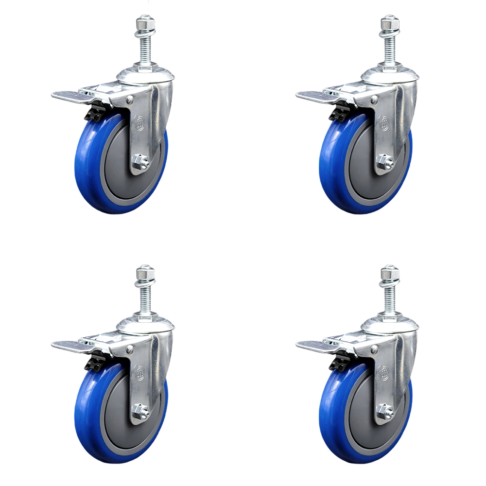 Stainless Steel Polyurethane Swivel Threaded Stem Caster Set of 4 w/5" x 1.25" Blue Wheels and 10mm Stems - Includes 4 with Total Lock Brakes - 1400 lbs Total Capacity - Service Caster Brand — photo 1