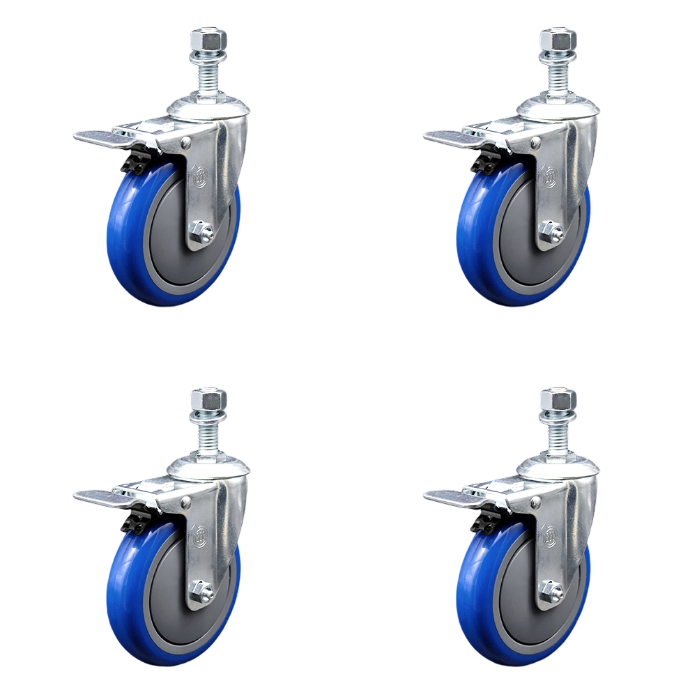 Stainless Steel Polyurethane Swivel Threaded Stem Caster Set of 4 w/5" x 1.25" Blue Wheels and 12mm Stems - Includes 4 with Total Lock Brakes - 1400 lbs Total Capacity - Service Caster Brand — photo 1