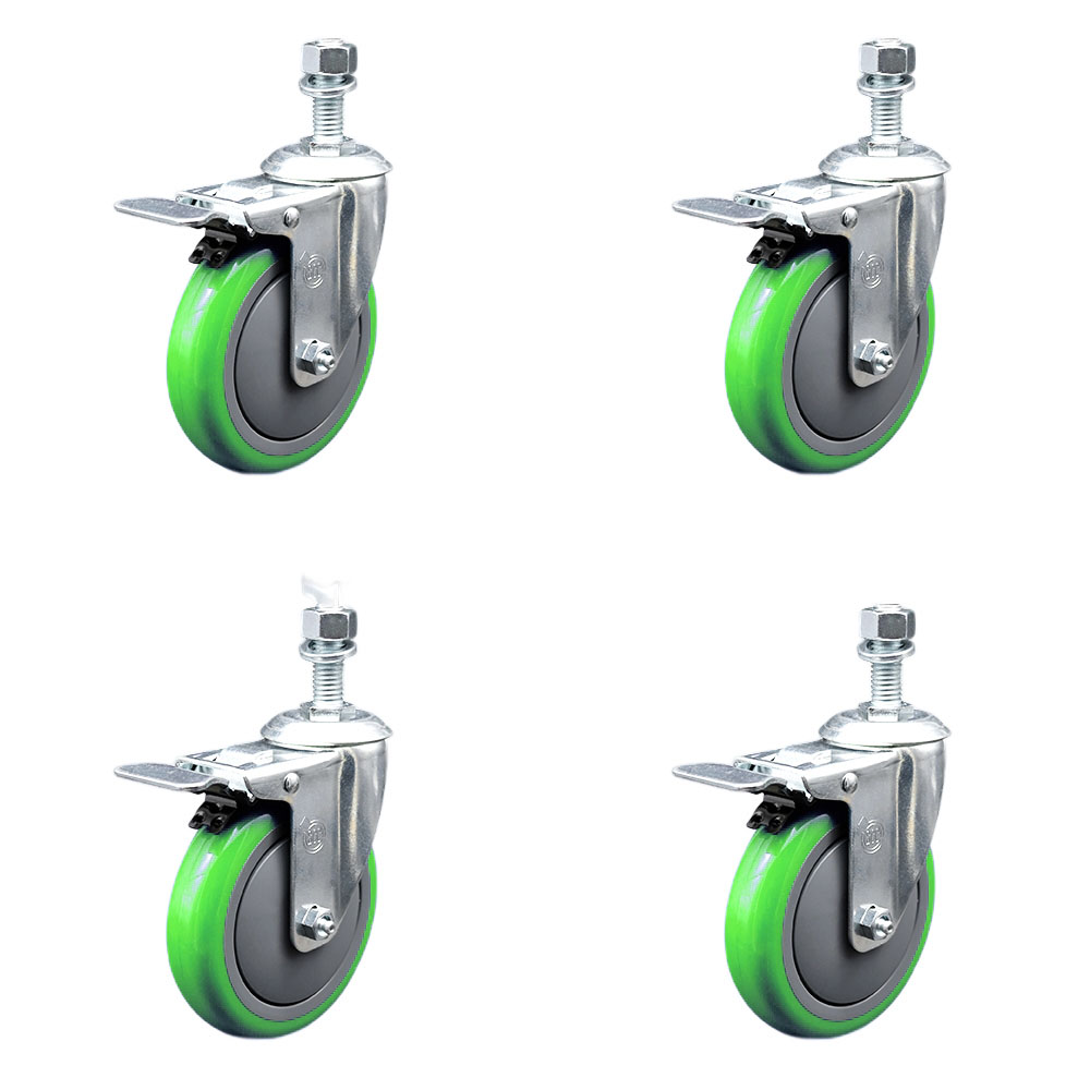 Stainless Steel Polyurethane Swivel Threaded Stem Caster Set of 4 w/5" x 1.25" Green Wheels and 1/2" Stems - Includes 4 with Total Lock Brakes - 1400 lbs Total Capacity - Service Caster Brand — photo 1