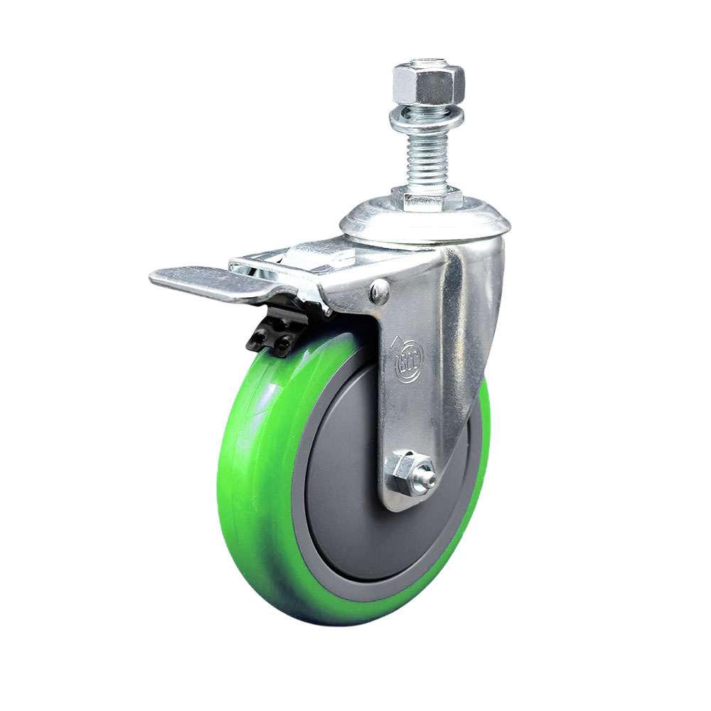 Stainless Steel Polyurethane Swivel Threaded Stem Caster w/5" x 1.25"  Green Wheel and 1/2" Stem & Total Locking Brake - 350 lbs Capacity/Caster - Service Caster Brand — photo 1