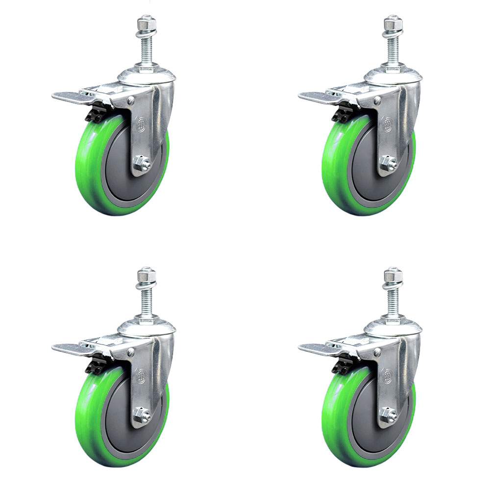 Stainless Steel Polyurethane Swivel Threaded Stem Caster Set of 4 w/5" x 1.25" Green Wheels and 10mm Stems - Includes 4 with Total Lock Brakes - 1400 lbs Total Capacity - Service Caster Brand — photo 1