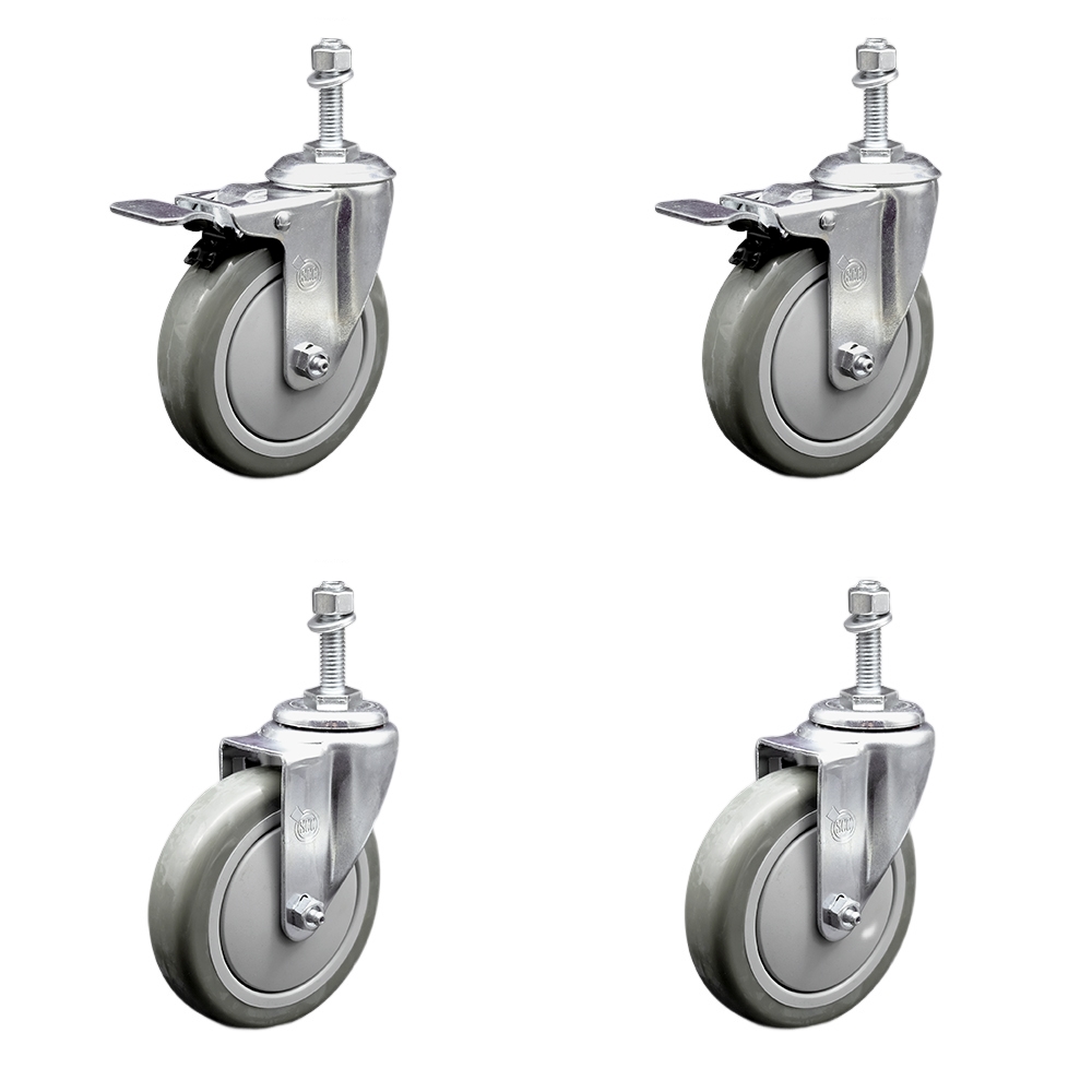 Stainless Steel Polyurethane Swivel Threaded Stem Caster Set of 4 w/5" x 1.25"  Gray Wheels and 10mm Stems - Includes 2 with Total Locking Brake - 1400 lbs Total Capacity - Service Caster Brand — photo 1
