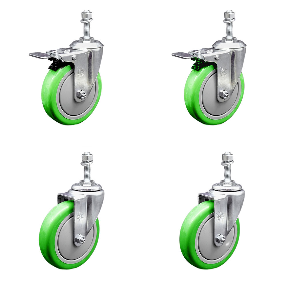 Stainless Steel Polyurethane Swivel Threaded Stem Caster Set of 4 w/5" x 1.25"  Green Wheels and 10mm Stems - Includes 2 with Total Locking Brake - 1400 lbs Total Capacity - Service Caster Brand — photo 1